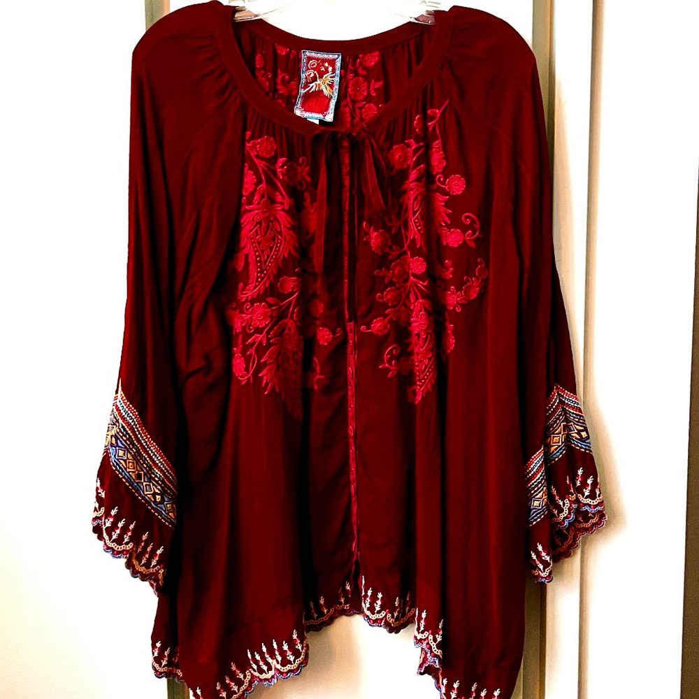 JOHNNY WAS Embroidered Tunic * Size XXL * Deep Red * LS Button Down *